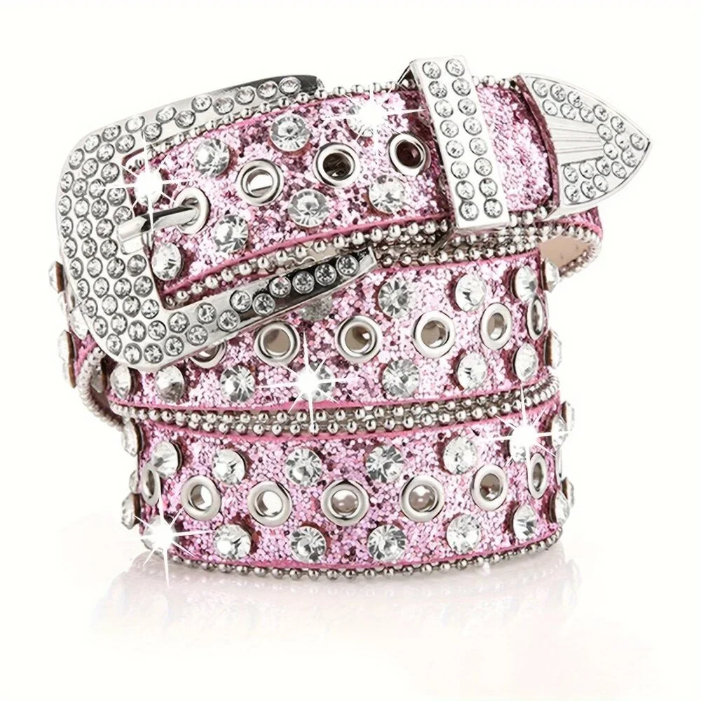 Pink Hip Hop Cowboy Cowgirl Rhinestone Y2K Belt Buckle - Trendy Faux Leather - Picture 1 of 7
